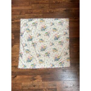 Vintage Square Tablecloth Multicolor Flower Bouquets Rainbow Crochet Edge 36”